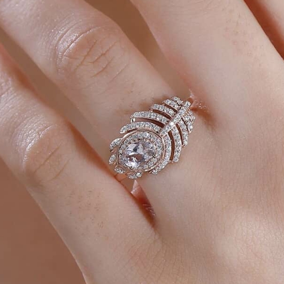 NWT Pink Morganite and Moissanite 1.30 ctw Peacock Feather Ring Size 9 - Picture 5 of 7